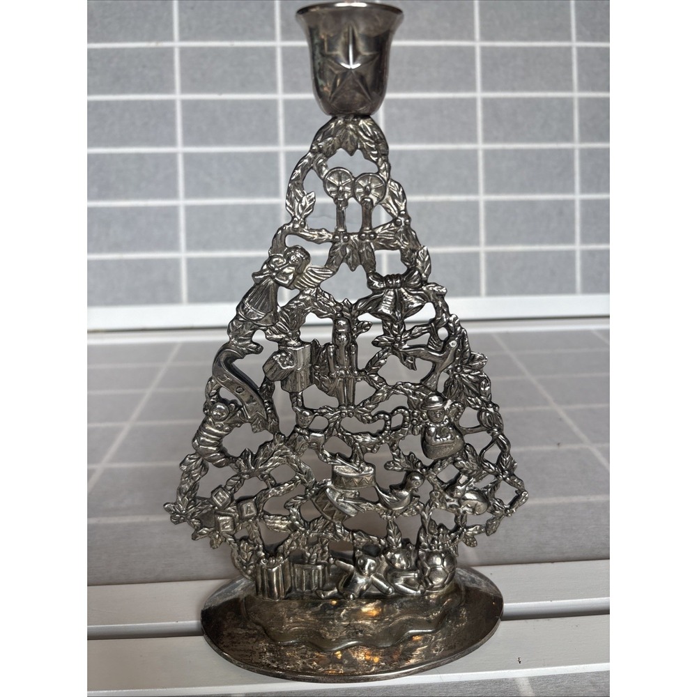 Vintage 10" Godinger Silver Plated Christmas Tree Candle Holder Openwork 10"